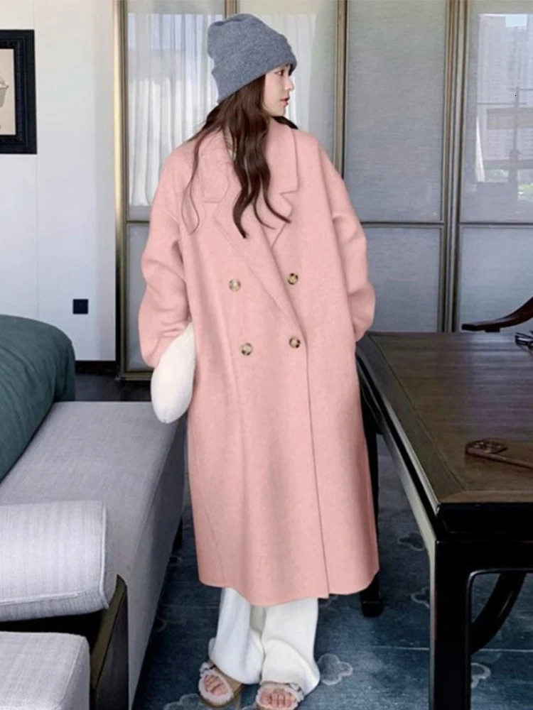 Korean double breasted long jacket for womens casual loose solid collar wool jacket for womens winter full matching chic streetwear 241007