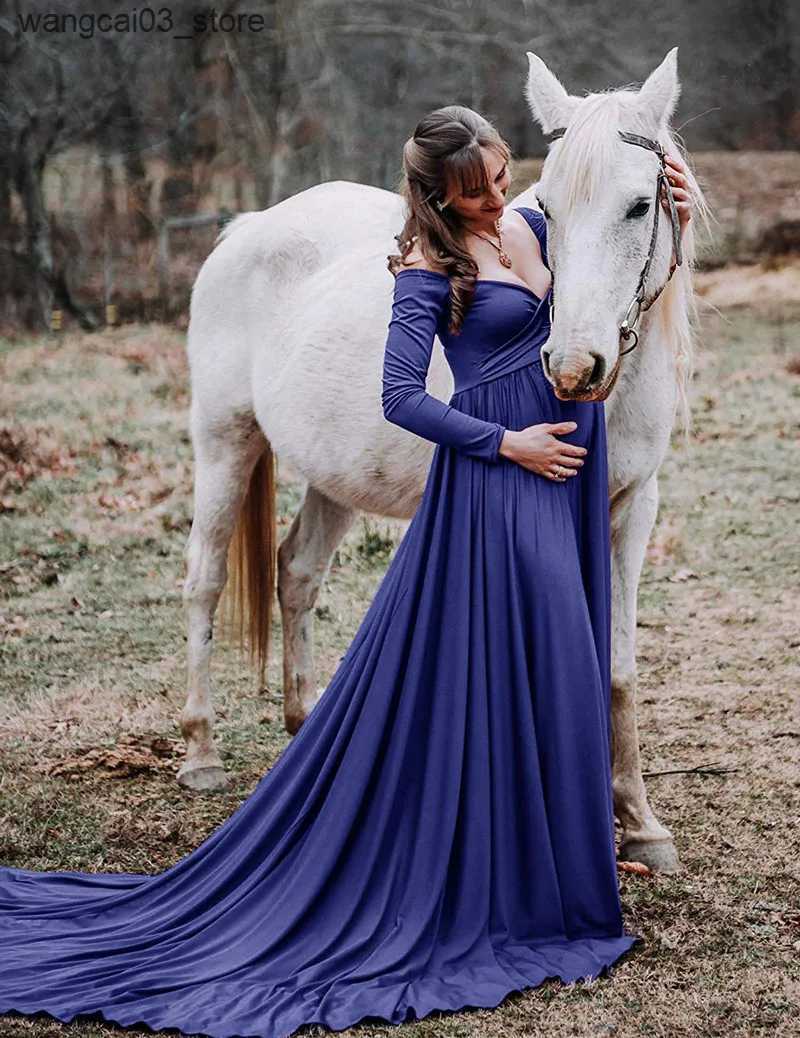 Maternity Dresses Long Tail Maternity Dresses Photography Props V-Neck Maxi Gown Cotton Dress Pregnant Women Pregnancy Autumn Photo Shoot Clothes L240