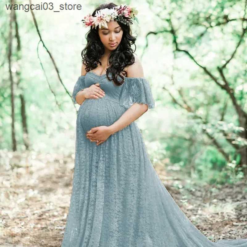 Maternity Dresses Women Maternity Gown Robe for Photo Shoot Pregnancy Clothes Dresses Beautiful Lace Tail Short Sleeve Dress L240910
