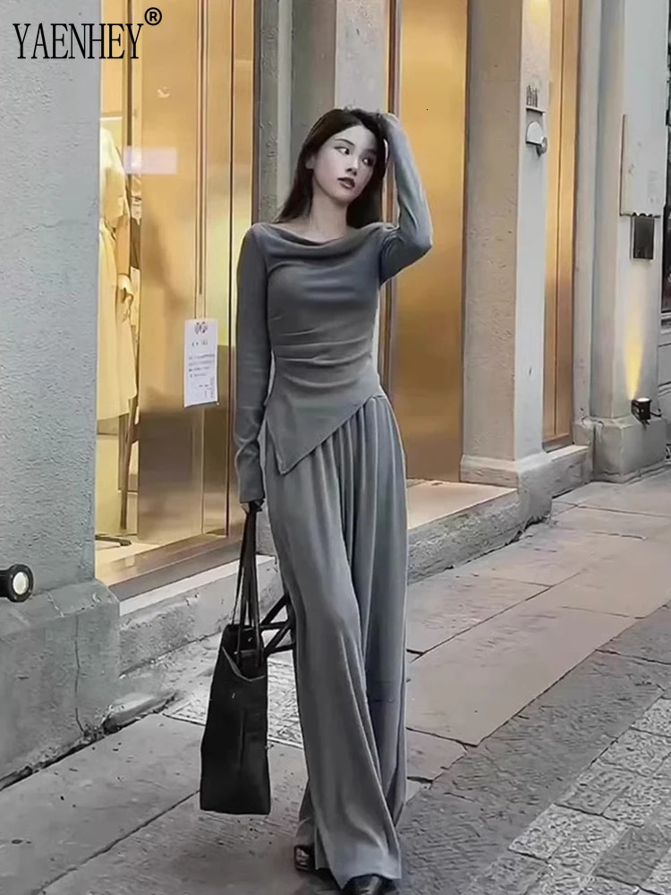 Irregular solid color slanted neck n womens soft Tshirthigh waist set thin wide leg pure style spicy girl twopiece women 241008