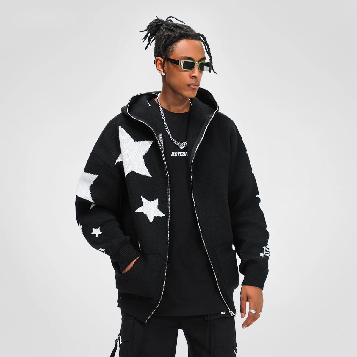HOUZHOU Y2K celebrity hooded cardigan knitted sweater mens autumn streetwear hip-hop long sleeved jump jacket zipper jacket mens 241007