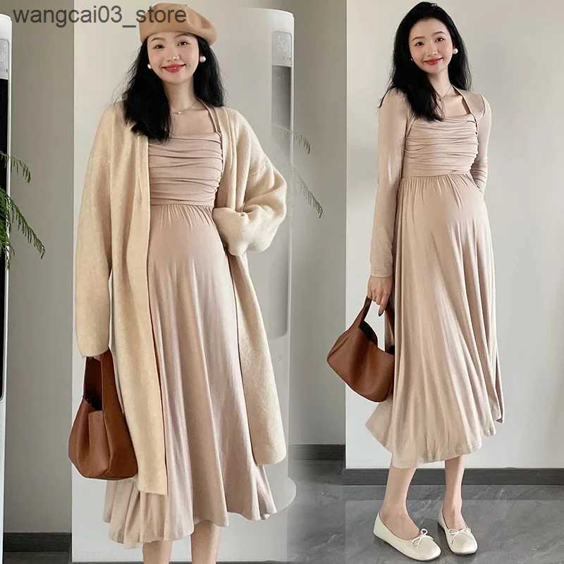 Maternity Dresses 2024 Spring Maternity Dresses Long Sleeve Square Collar High Waist Pregnant Woman Modal Dress Faux Two Pieces Pregnancy Clothes L240