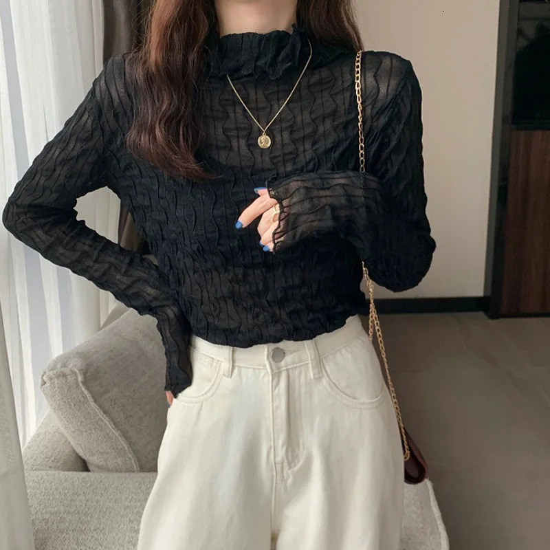 Women Lace Mesh High Collar Bottom Tshirts Female Long Sleeve Autumn Casual Style Tight Thin Tops Clothes 241011