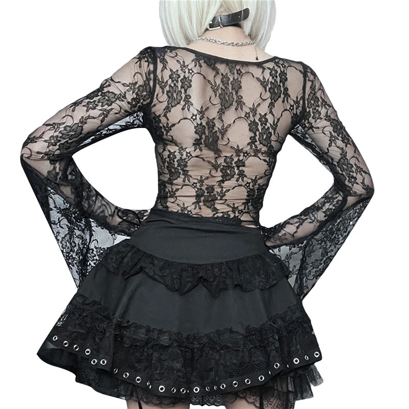 Xingqing Cyber y2k Tops Women Aesthetic See Through Floral Lace Flared Long Sleeve T Shirt 2000s Goth Grunge Clothing Streetwear 241011