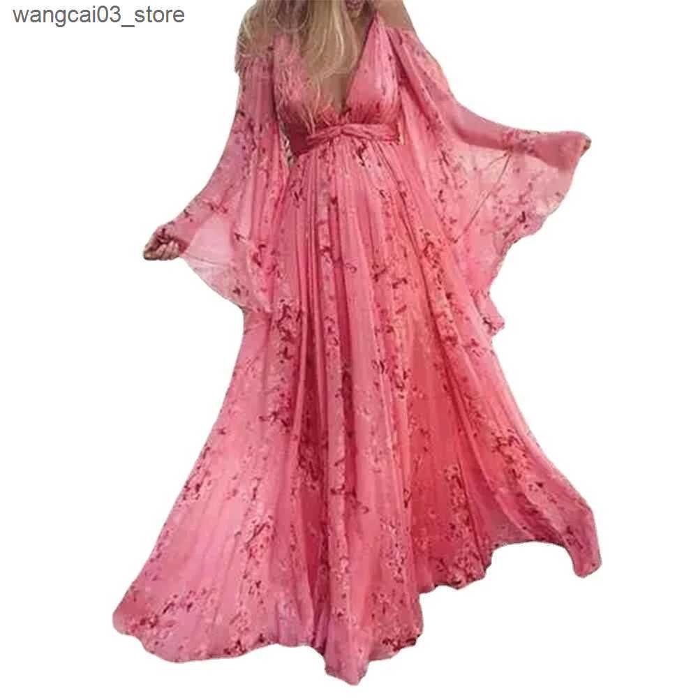 Maternity Dresses Maternity Dress for Photoshoot Women Summer Floral Thin Chiffon Ankle-Length Dresses Pregnancy Sukienka Female Belly Beach Dress L24