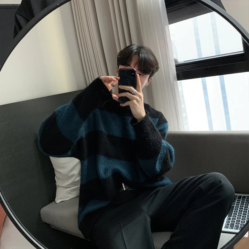 Mens Knitted Light Pullover Sweater Men Casual Striped Vintage Loose O Neck Solid Color Long Sleeve Streetwear Knitwear 241007