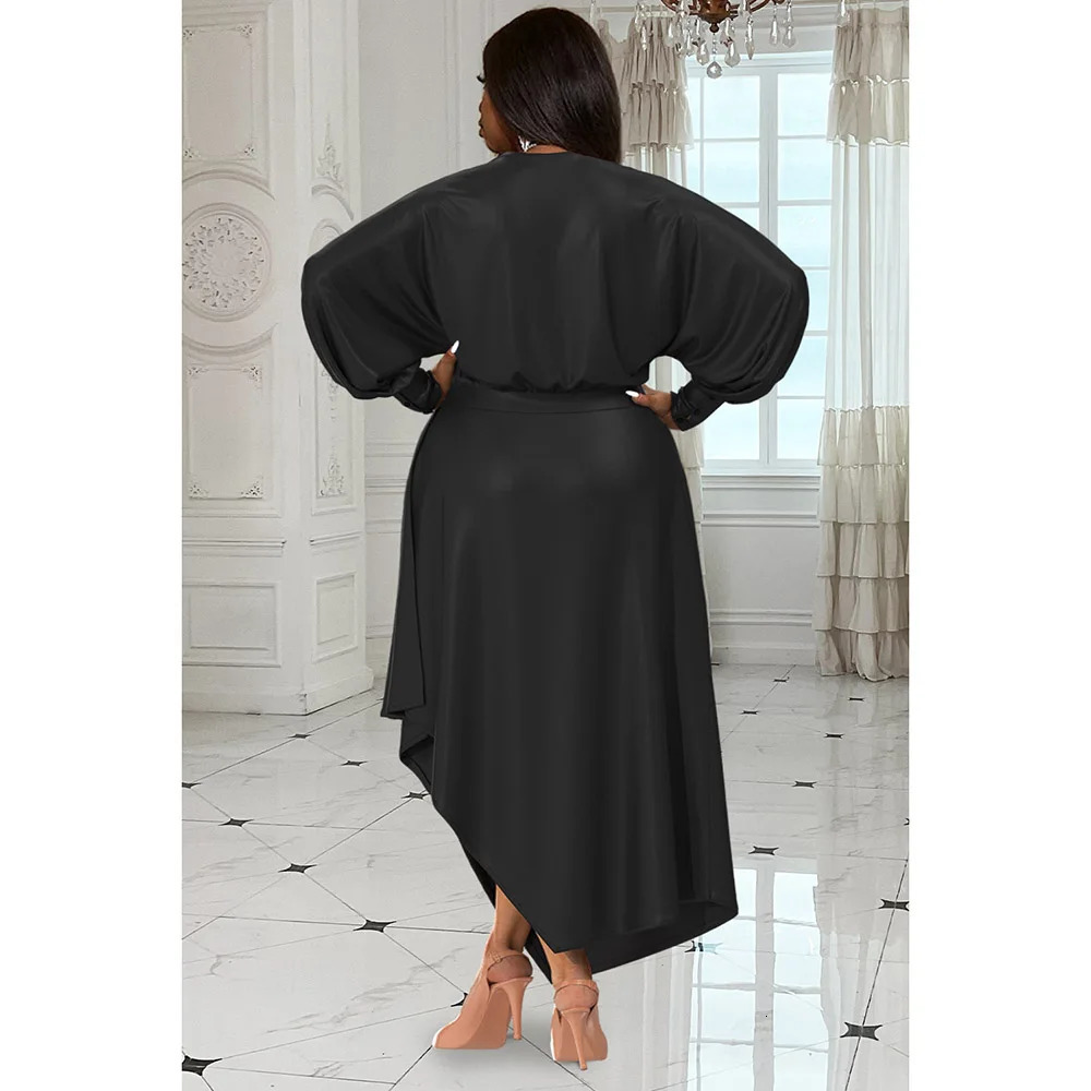 Plus Size Womens Everyday Dress Brown V Neck Long Sleeve Irregular Spring and Summer Satin Cinched Waist Maxi 241010