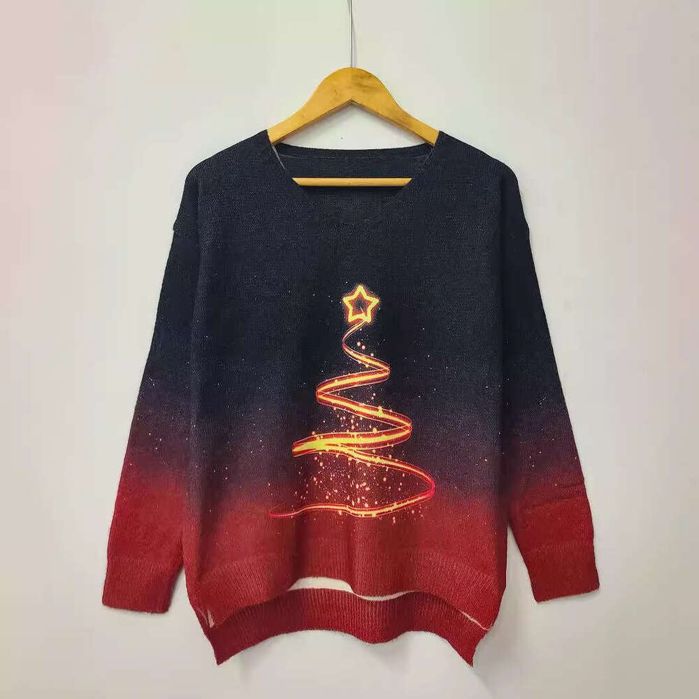 2024 Winter Digital Printed Sweater V-neck Front Short Rear Long Side Split Christmas Tree Line Print, Female
