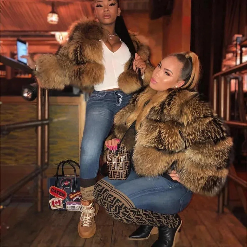 Maomaokong Super Winter Womens y Thick True Raccoon Fur Coat Natural Fox Jacket Plus Size Tank Top 241010