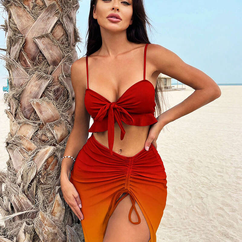 2024 New Split Three Piece Set Conservative Bikini Skirt Mesh Sexy Swimsuit