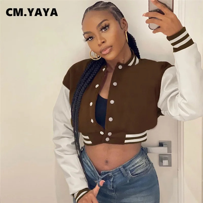 CM.YAYA Womens Autumn Winter Long sleeved Sports Baseball Jacket Autumn Street Clothing PU Leather Patch Work Jacket Coat 241011