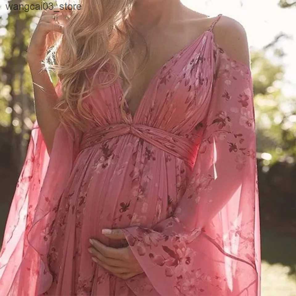 Maternity Dresses Maternity Dress for Photoshoot Women Summer Floral Thin Chiffon Ankle-Length Dresses Pregnancy Sukienka Female Belly Beach Dress L24