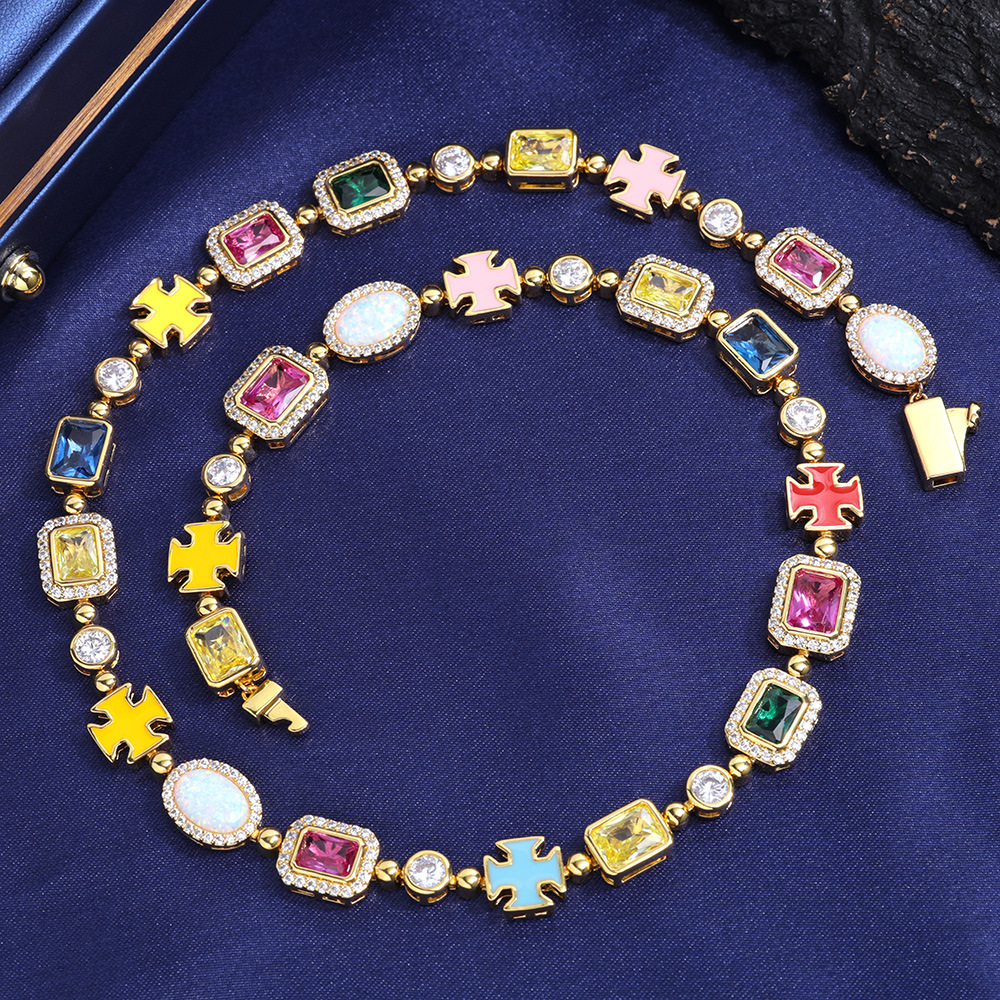 Hip Hop Cross Tennis Chain Necklaces Bracelet Colored Gemstone Jewelry Men Women