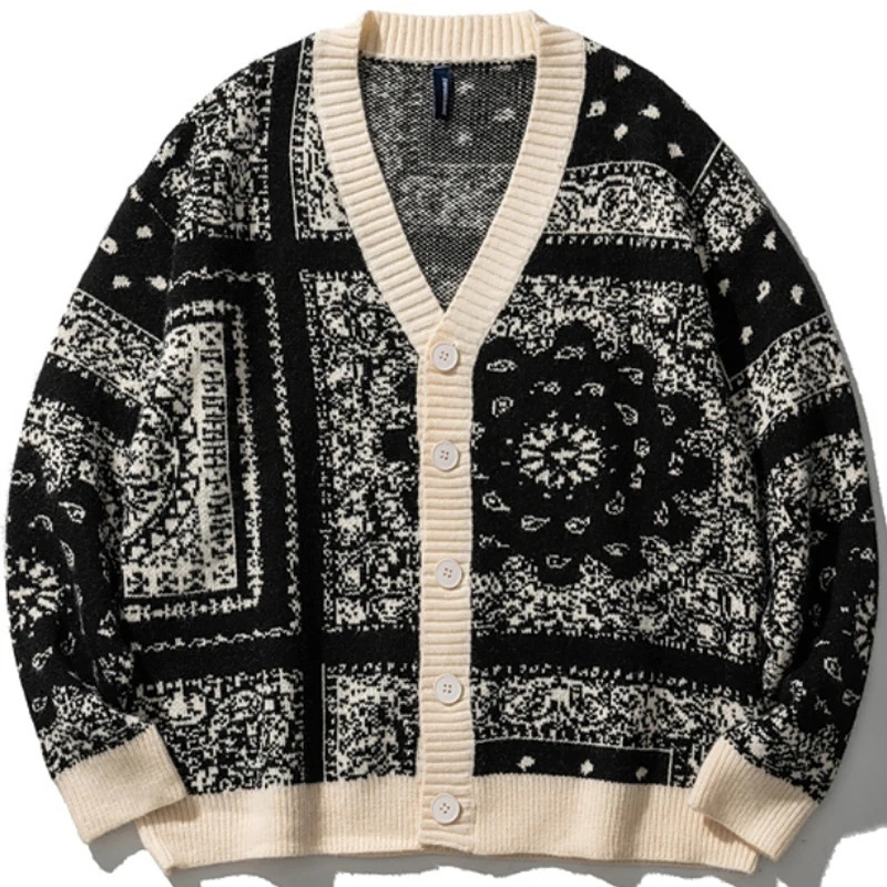 Y2k cardigan with blooming collar mens sweater winter vintage sweater jacket fashionable and loose Harajuku womens oversized wool knit 241007