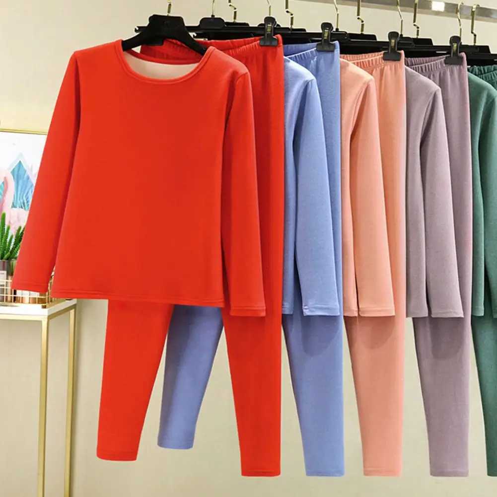 Women's Thermal Underwear 2-piece/set top pants set thick plush round neck long Slve thermal underwear set elastic waist and cold proof pajamas s
