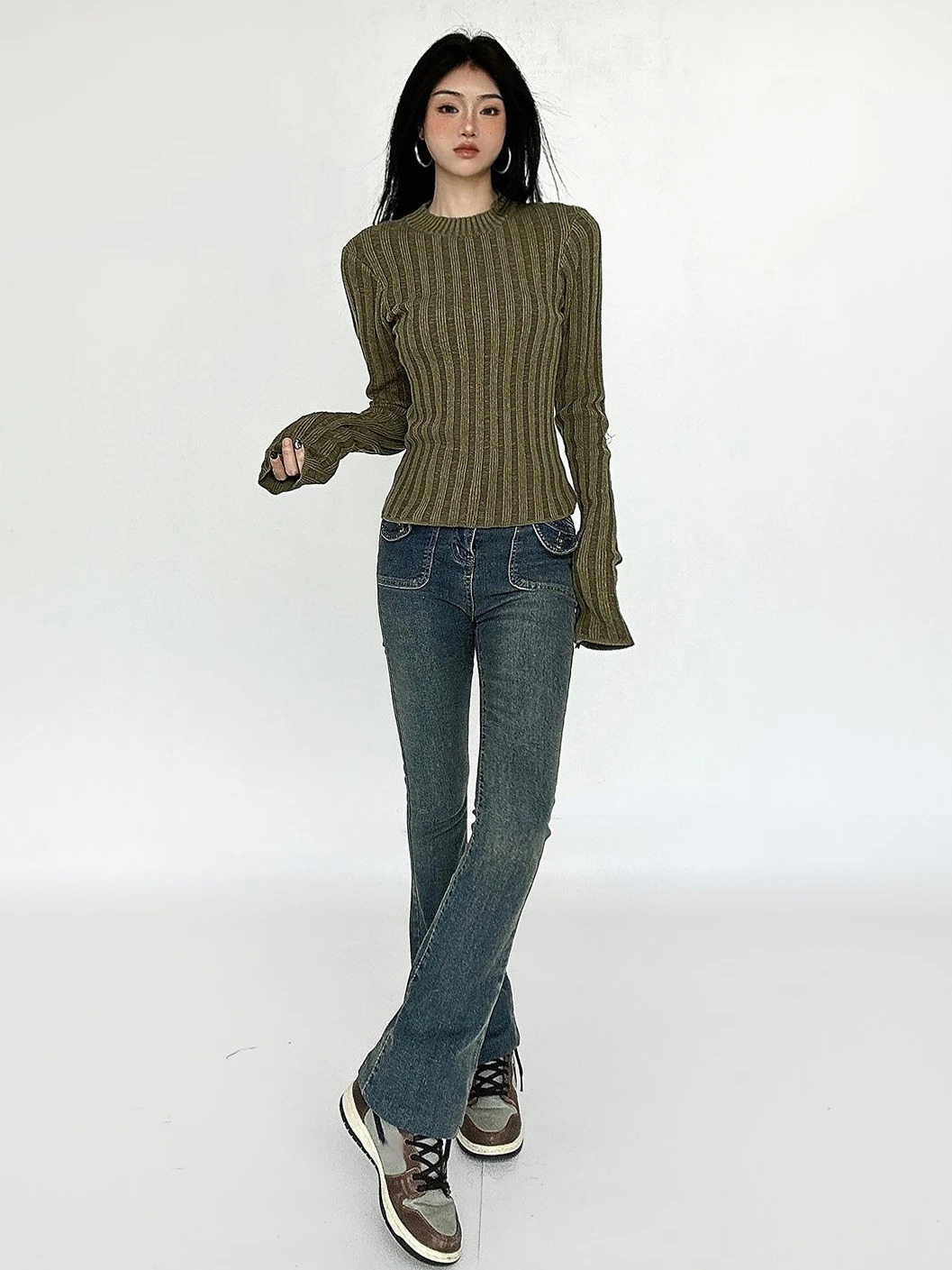 Deeptown Vintage Green Crop Sweater Women Fairy Grunge Striped Pullover Casual Slim Knitted Jumper Harajuku Fashion Sueter Mujer 241011