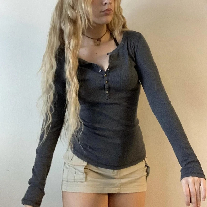 Y2K Women Basic Crop Top Fairy Grunge Long Sleeve Button Slim Fit Brown Tee Harajuku Aesthetic Tshirt 2000s Vintage Streetwear 241011