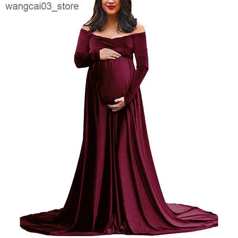 Maternity Dresses Velvet Maternity Dress Women Winter Long Sleeve Shoulderless Pregnant Ladies Robe Premama Photo Shoot Maxi Party Evening Dresses L24