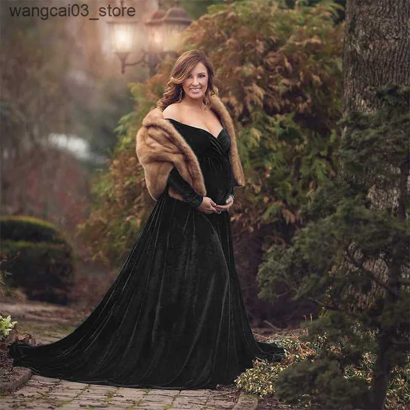 Maternity Dresses Velvet Maternity Dress Women Winter Long Sleeve Shoulderless Pregnant Ladies Robe Premama Photo Shoot Maxi Party Evening Dresses L24
