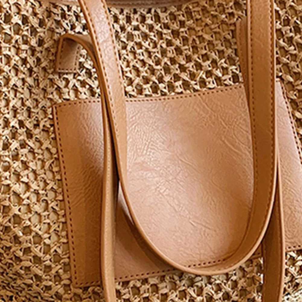 Womens crochet beach handbag PU patch work woven travel bag contrast color simple shoulder bag womens summer bag Y241011
