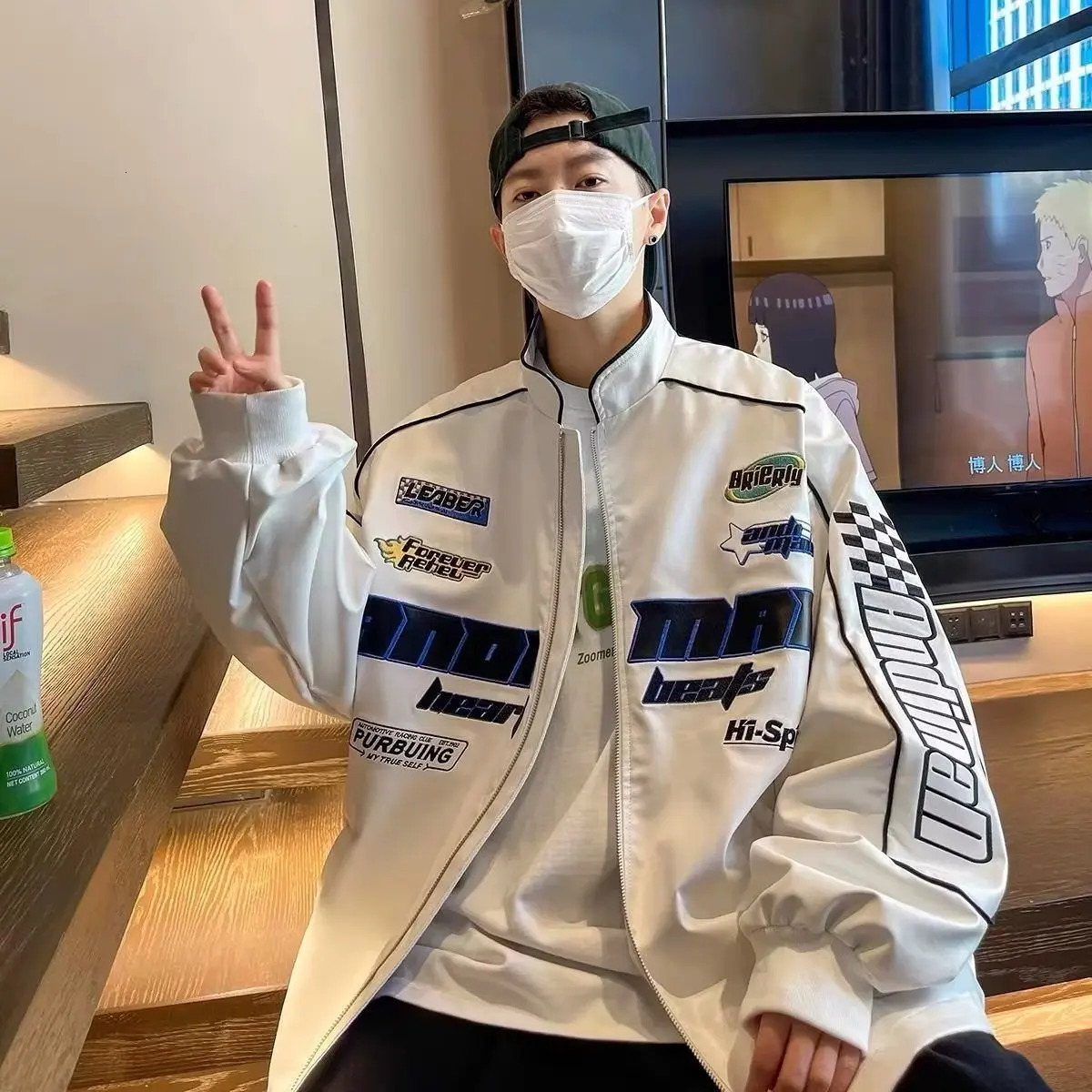 Embroidery leather jacket mens racing patch work street autumn ultra-fine Y2k PU baseball jacket retro couple jacket 241011