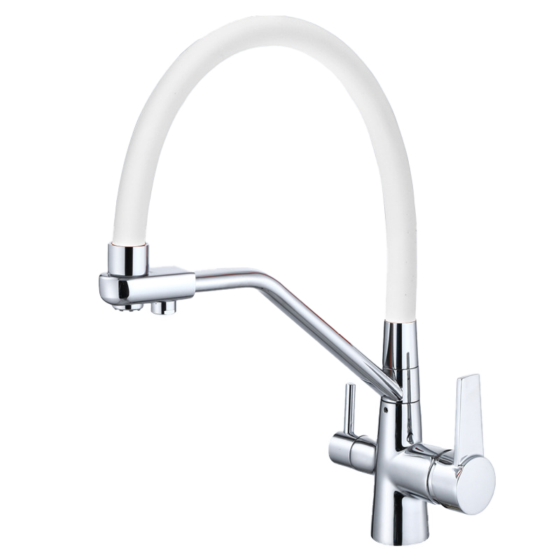 Kitchen faucet brass faucet hot and cold water faucet pure water faucet any retractable double handle faucet white tube