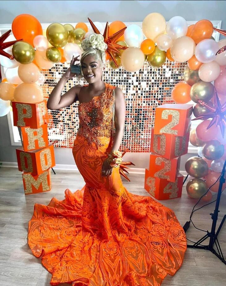 Orange Sparkly Trumpet Prom Formal Dresses for Black Girl Luxury Crystal Applique Sheer Evening Birthday Gown Sheer Mesh