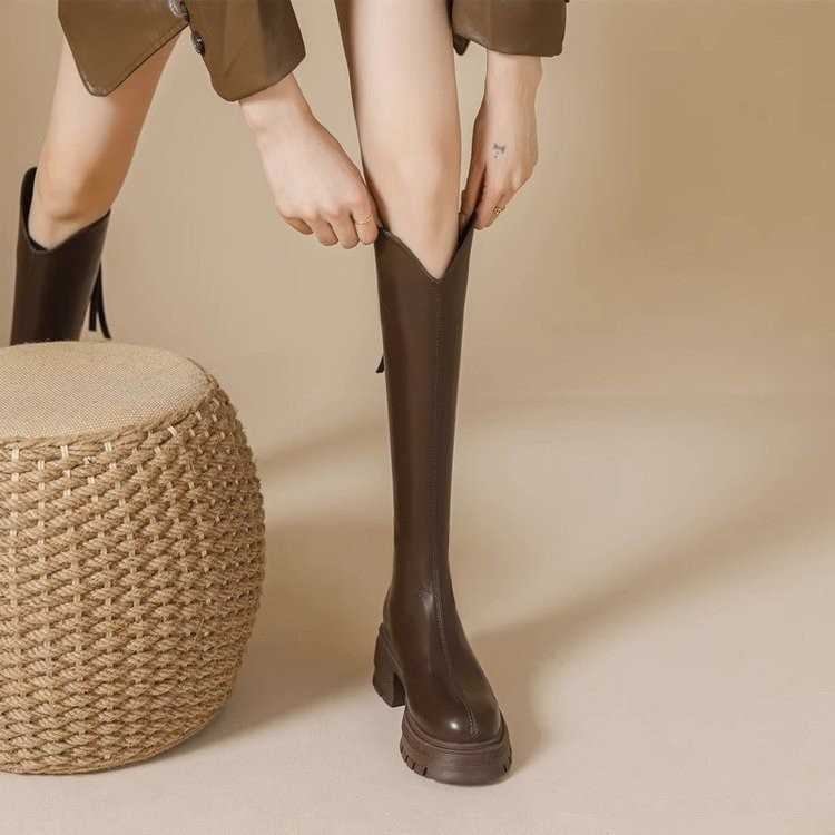 Skinny Martin Boots For Women Autumn Winter Slim Fit Thick Heel Fashion Boots Thick Sole The Knee Simple Design Trendy Knight Boots 240826