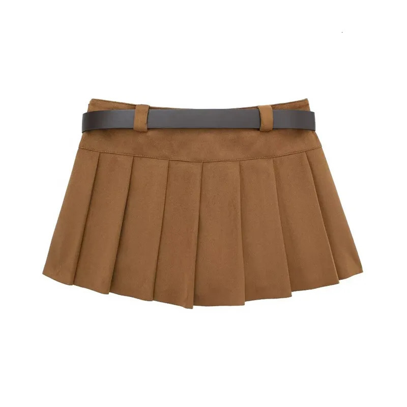 KEYANKETIAN 2024 Womens Suede Pleated Skirt American Retro With Belt Low-Rise Camel Mini Skirt Culottes Y2K Skort 240919