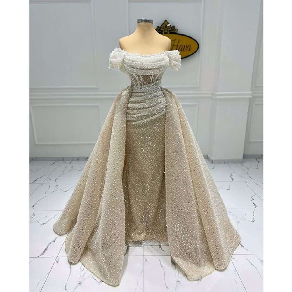 Beads Sequined Evening Chic Off the Shoulder Pleat Mermaid Prom Gowns Elegant Draped Sweep Train Party Dresses