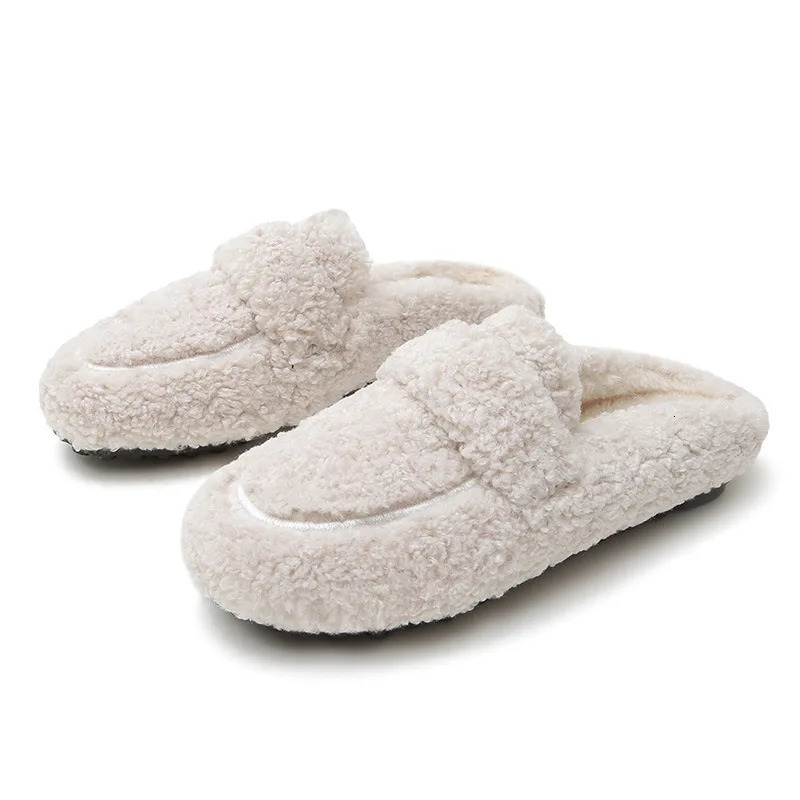 Winter Warm Plush Mule Single Shoulder Strap Fur Comfortable Cotton Shoes Flat Bottom Cover Toe Womens Wool Slide 241007 67e