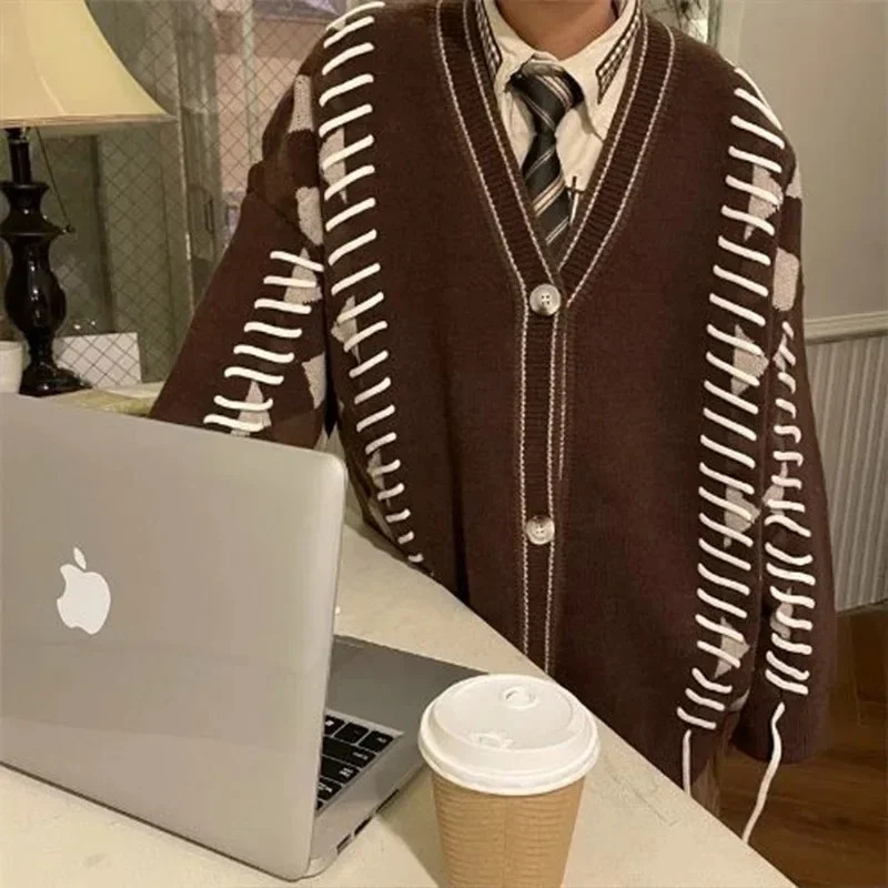 Korean fashion Y2K mens open collar streetwear knitted sweater mens long sleeved zipper V-neck autumn coat mens retro mens clothing 241007