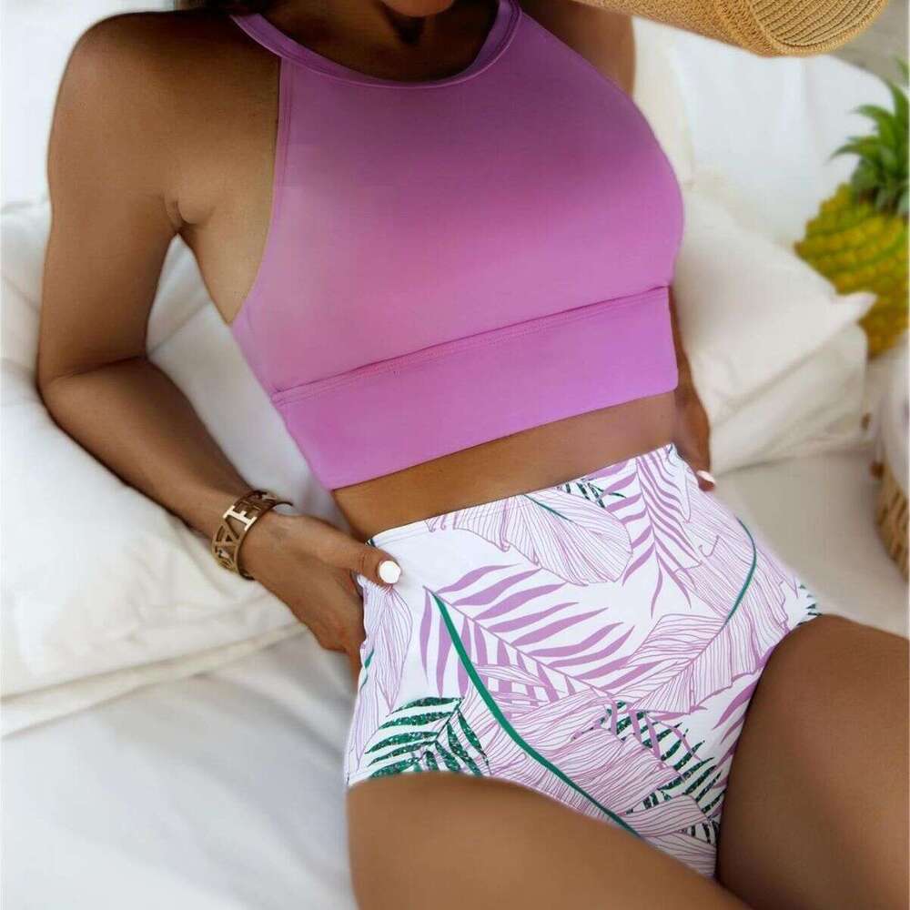 New 2023 Bikini Women's Sexy Solid Color Printed Split High Waist Concealed Belly Hot Spring Swimsuit