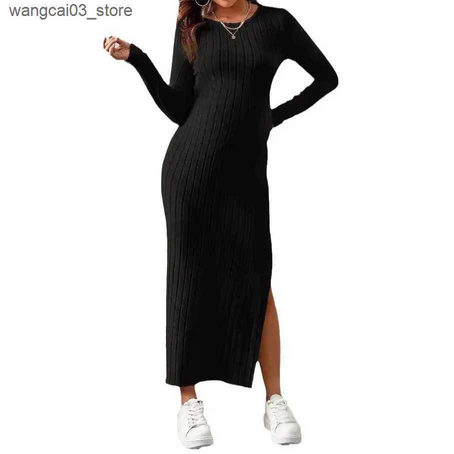 Maternity Dresses Side Splits A Line Slim Knitted Dress Maternity Autumn Winter American Casual Long Sleeve Clothes for Pregnant Women Pregnancy L2409