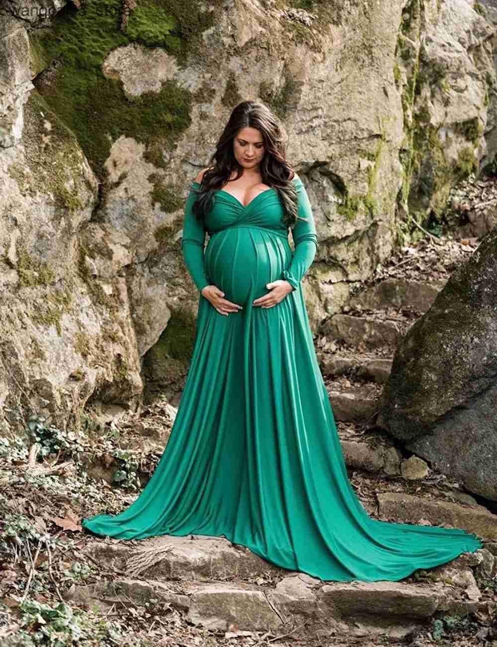 Maternity Dresses Long Tail Maternity Dresses Photography Props V-Neck Maxi Gown Cotton Dress Pregnant Women Pregnancy Autumn Photo Shoot Clothes L240
