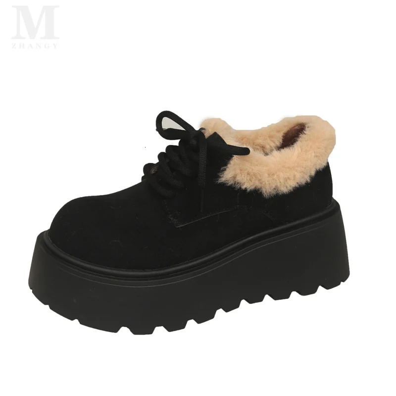 Fur platform womens snow collar boots suede mid boots cotton Mary Jens shoes 2025 trend lace short plush winter Botas De Mujer 241007