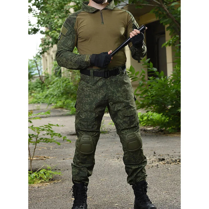 RU camouflage tactical set mens outdoor breathable long sleeved T-shirtmulti pocket straight cargo pants 2-piece set training combat set 240927