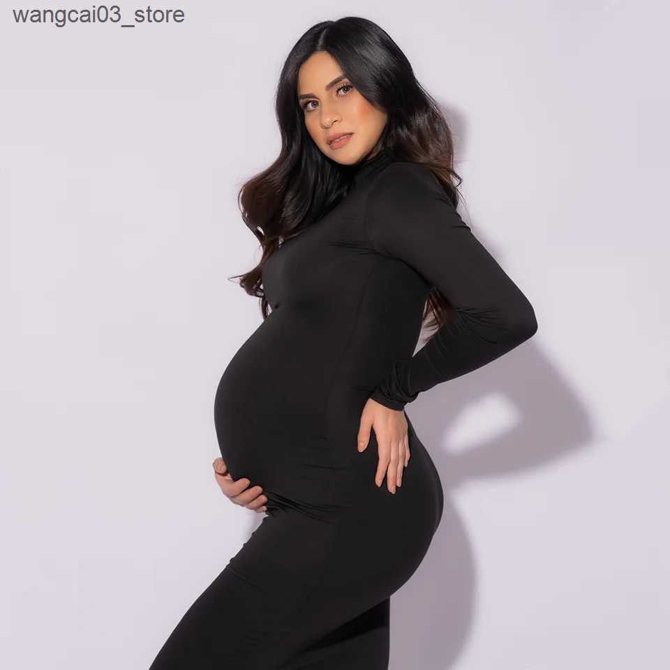 Maternity Dresses High Neck Stretchy Baby Shower Long Dresses Full Sleeve Skinny Maternity Photography Prop Dress L240910