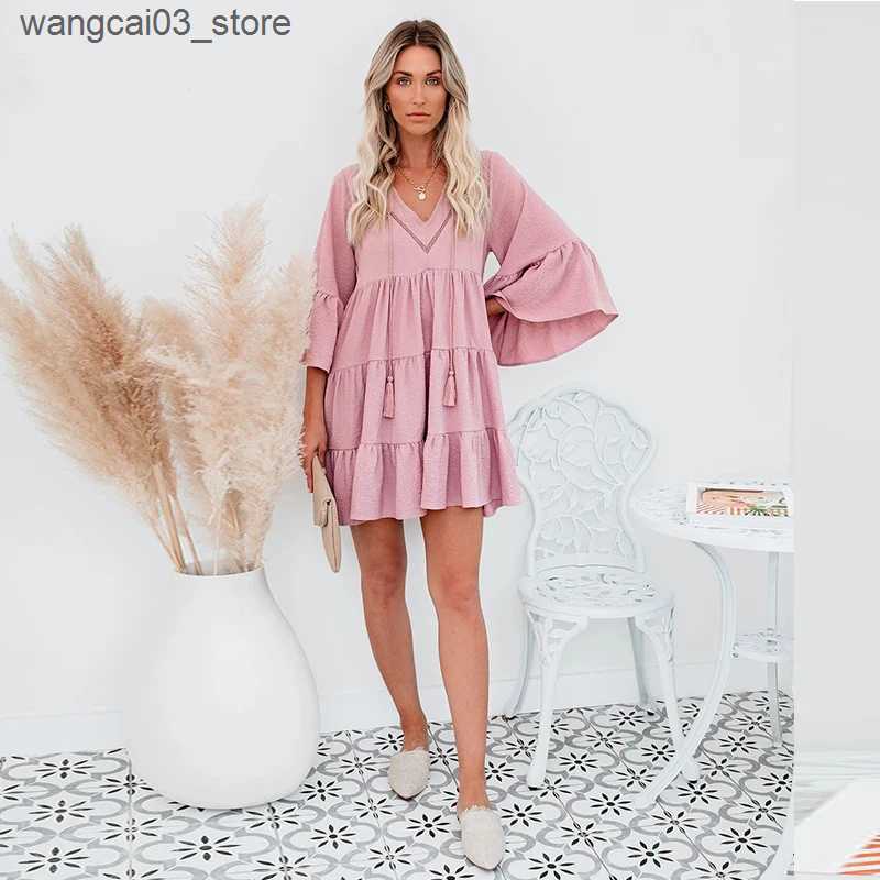 Maternity Dresses 2023 Pregnant Woman Summer Clothes Sweet Short Flare Sleeve V-neck High Waist Maternity Chiffon Dress Korean Style A-line L240910
