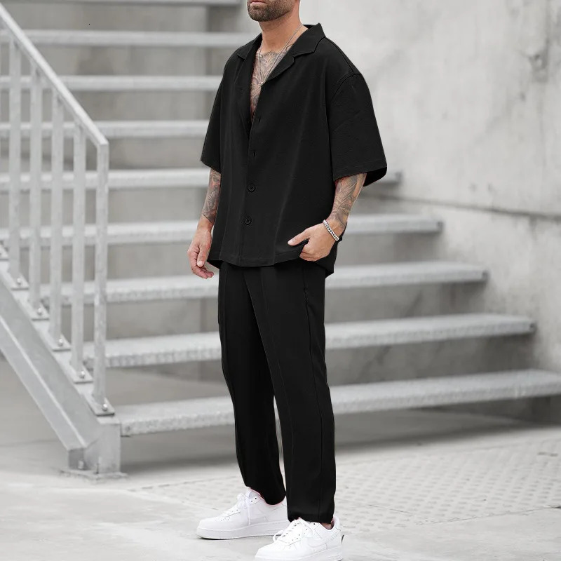 2024 Summer Fashion Two Piece Suits Mens Clothing Casual Short Sleeve Lapel Button Shirt And Pants Set For Men Leisure Outfits 241008