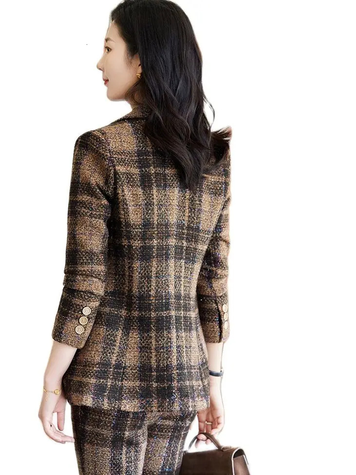 Womens winter thick warm suit jacket and pants two-piece set jacquard coarse woolen ball work clothes 240930