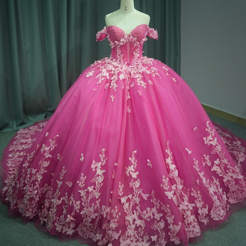 Rose Red Shiny Princess Quinceanera Dresses Off The Shoulder Bow Beads Tull Corset Chapel Train Mexico Vestido xv 15 Anos Sweet 16 Dress