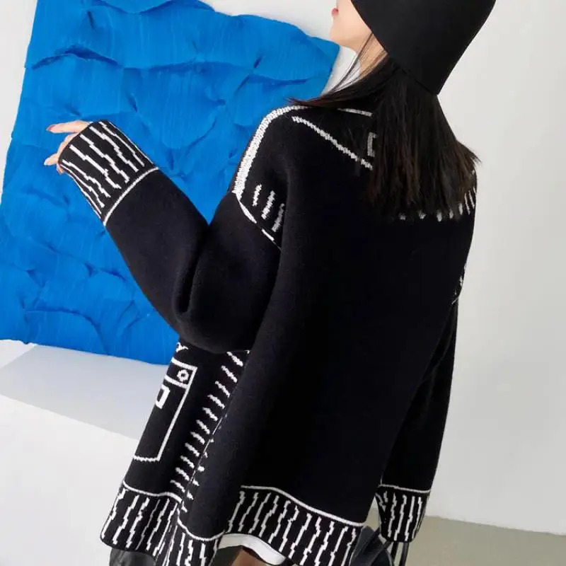 Karrram Print Graffiti Unique Cardigan Women Loose Vneck Long Sleeve Knitted Female Cardigans Coat Y2k Winter 241007
