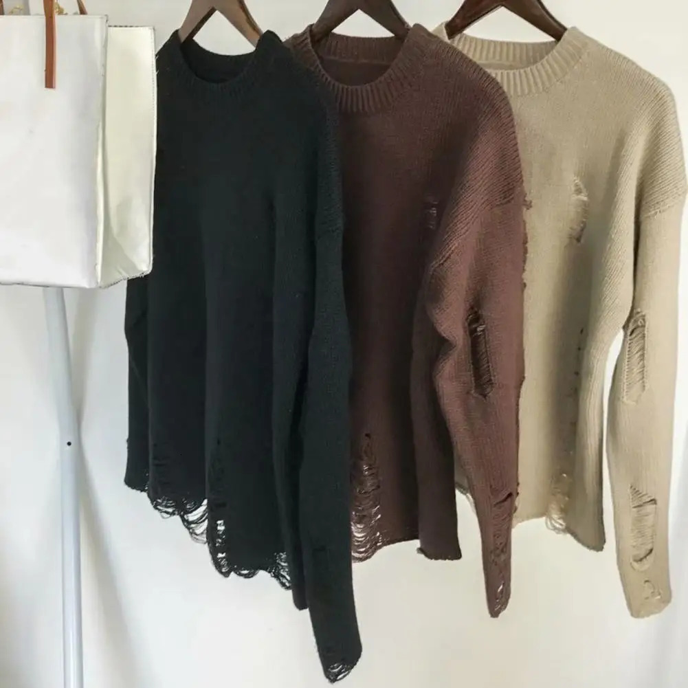 Men Sweater Ripped Knit Sweaters Women Streetwear Hip Hop Pullovers Jumper Fashion Oversized Allmatch Winter Clothes 241011