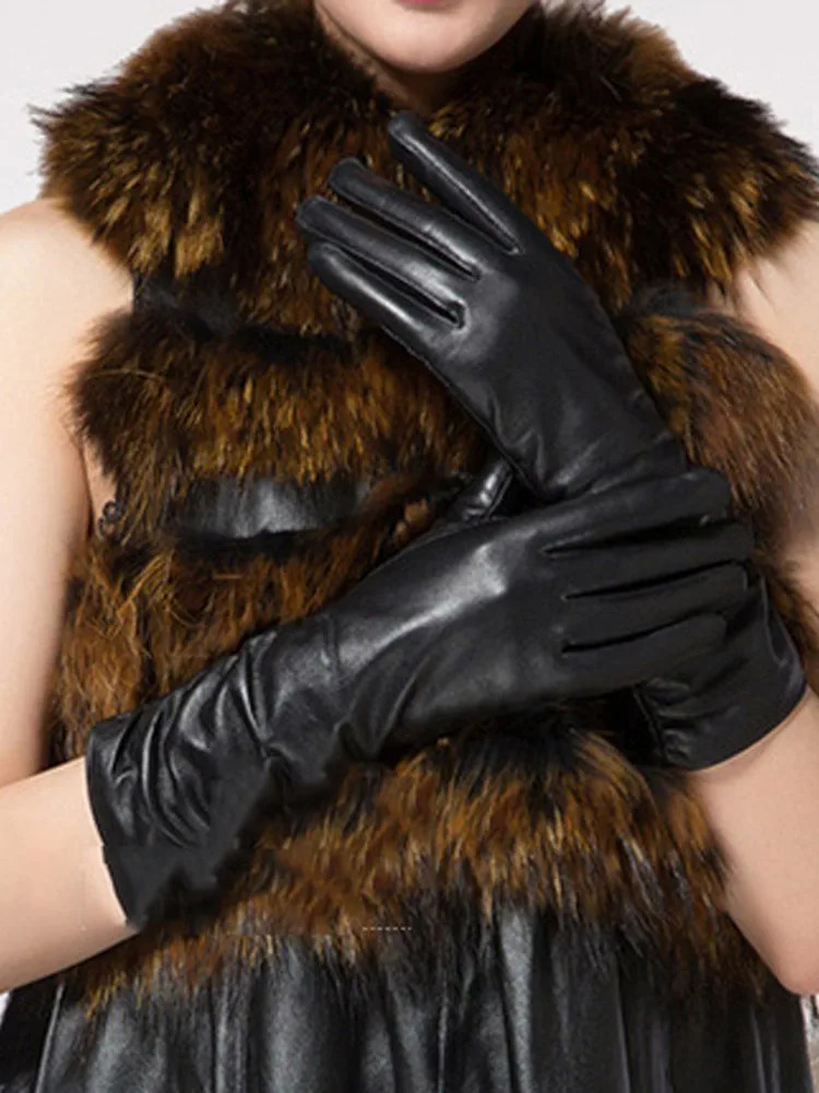 Women Winter Fleece Lining Moto Biker Riding Sheepskin Genuine Leather Glove Ladies Black Long Soft Leather Pleated Mittens 241009