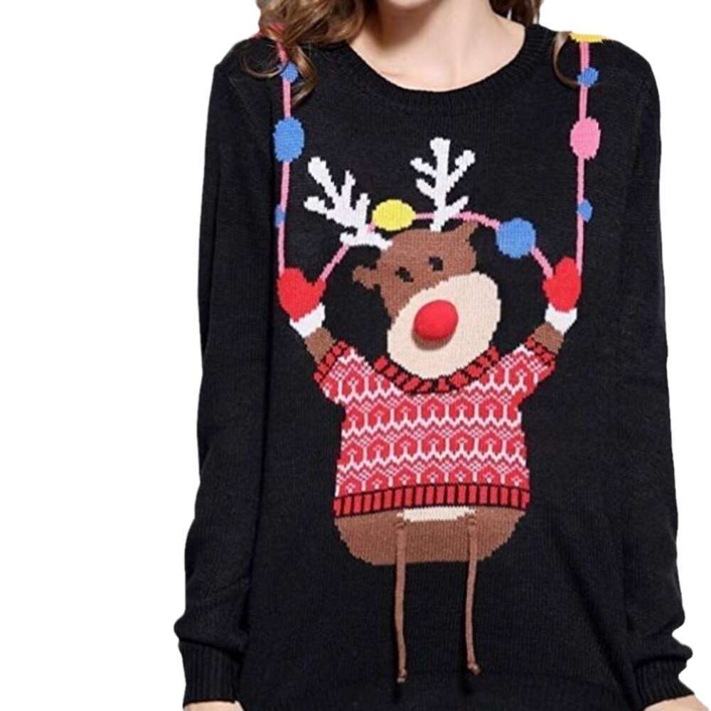 Cartoon jacquard reindeer Christmas sweater, round neck pullover, loose and lazy style women's knitted sweater