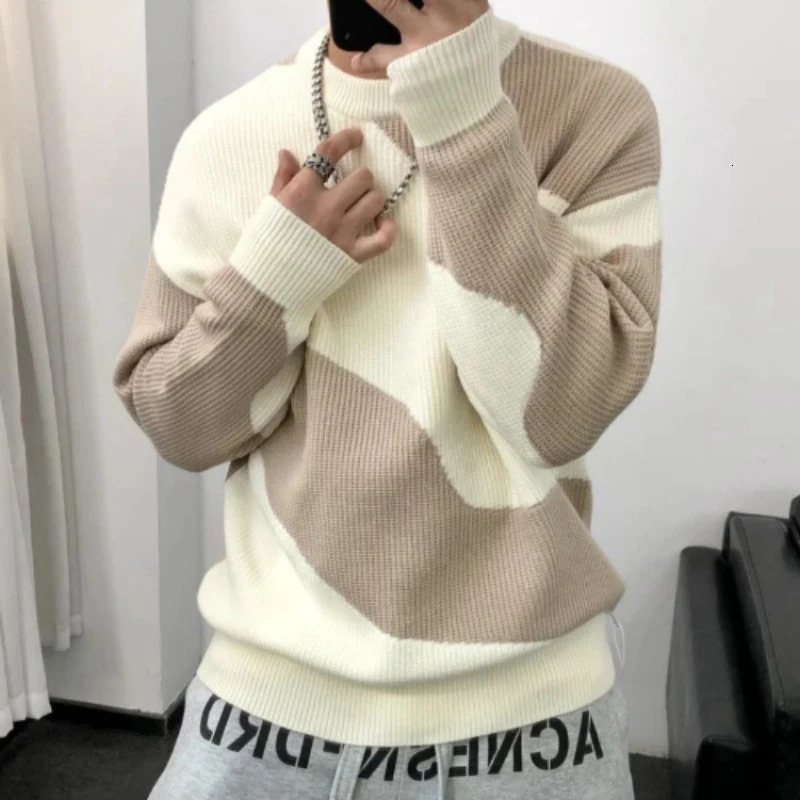 Man Clothes Round Collar Pullovers Knitted Sweaters for Men Crewneck Color Matching Black Cigaret Casual Korean Style Jumpers S 241007