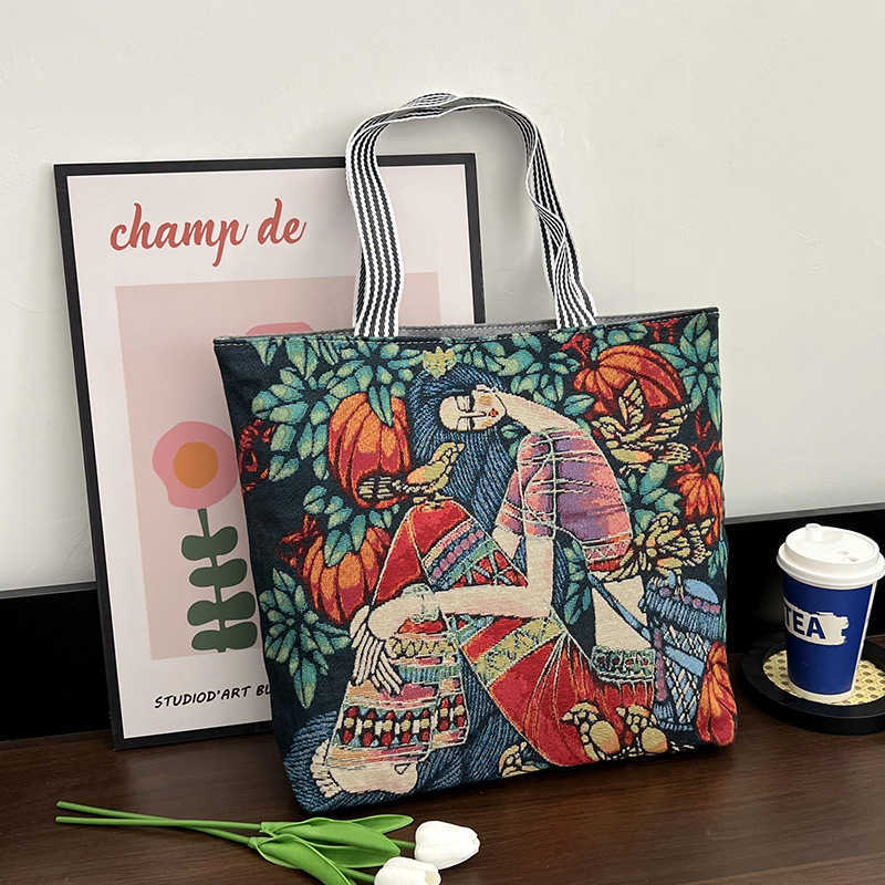 women's bag, embroidered fashion trend, large capacity canvas bag, shopping and working women's shoulder bag 241015