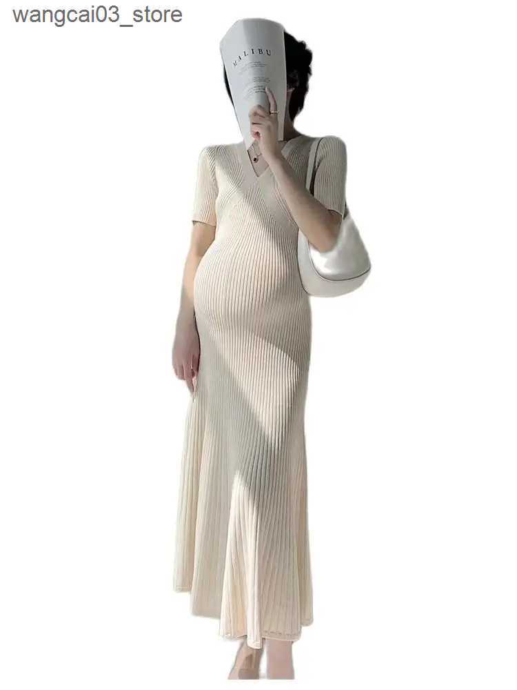 Maternity Dresses Korean Style Maternity Knitted Dress Solid Color Short Sleeve V-Neck High Waist Pregnant Woman Stretched Dresses Pregnancy Dress L24