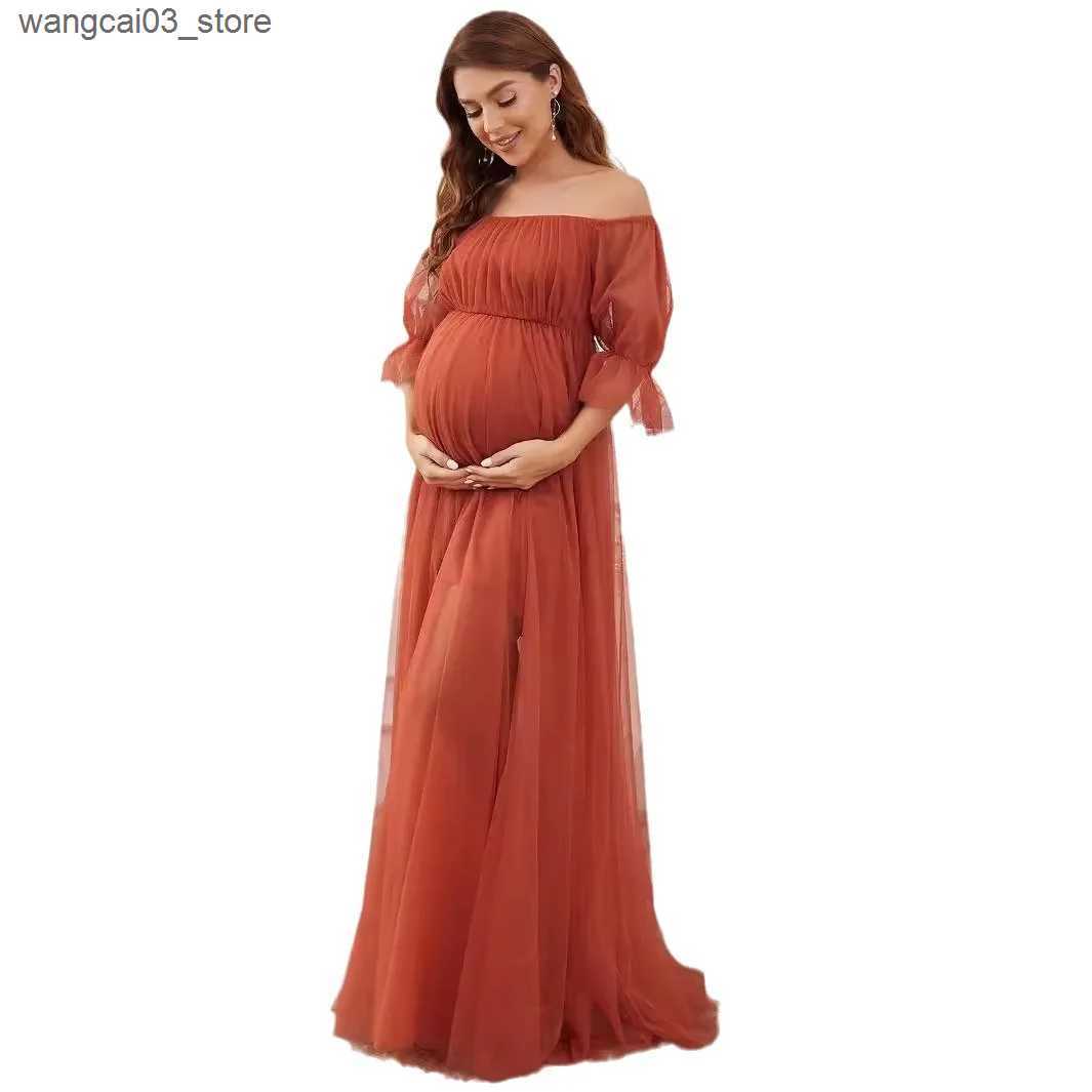 Maternity Dresses Summer New Evening Dress for Pregnant Women Formal Long Dress Short Sleeve Off Shoulder Mesh Solid Pregnant Women Baby Shower L24091